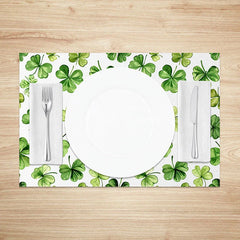 Aperturee - Aperturee Artistic Green Leaves Set of 4 Placemats St. Patricks Day Watercolor Shamrock Dining Table Mats