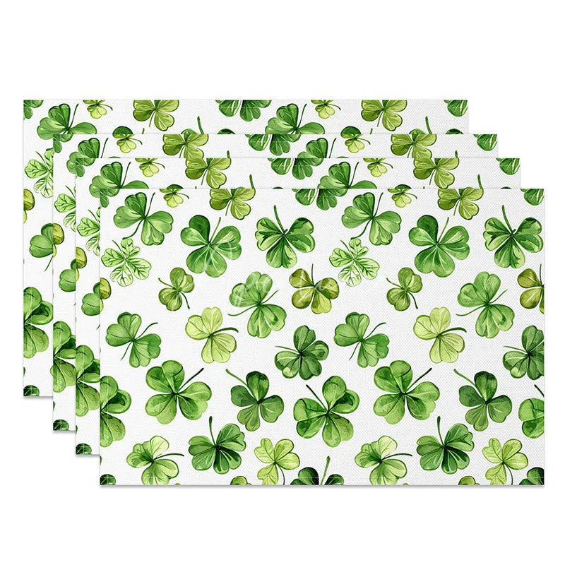 Aperturee - Aperturee Artistic Green Leaves Set of 4 Placemats St. Patricks Day Watercolor Shamrock Dining Table Mats
