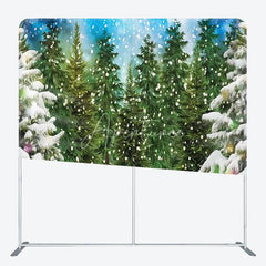 Aperturee - Aperturee Artistic Winter Forest Tension Fabric Backdrop Green Pine Tree Snowing Background Painted Nature Decoration