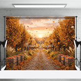 Aperturee - Aperturee Autumn Apple Orchard Photography Backdrop Golden Leaves and Rustic Path with Harvest Crates at Sunset