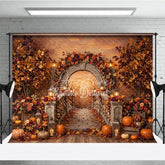 Aperturee - Aperturee Autumn Archway Photography Backdrop with Stone Staircase Fall Foliage Pumpkins and Glowing Lanterns Decor