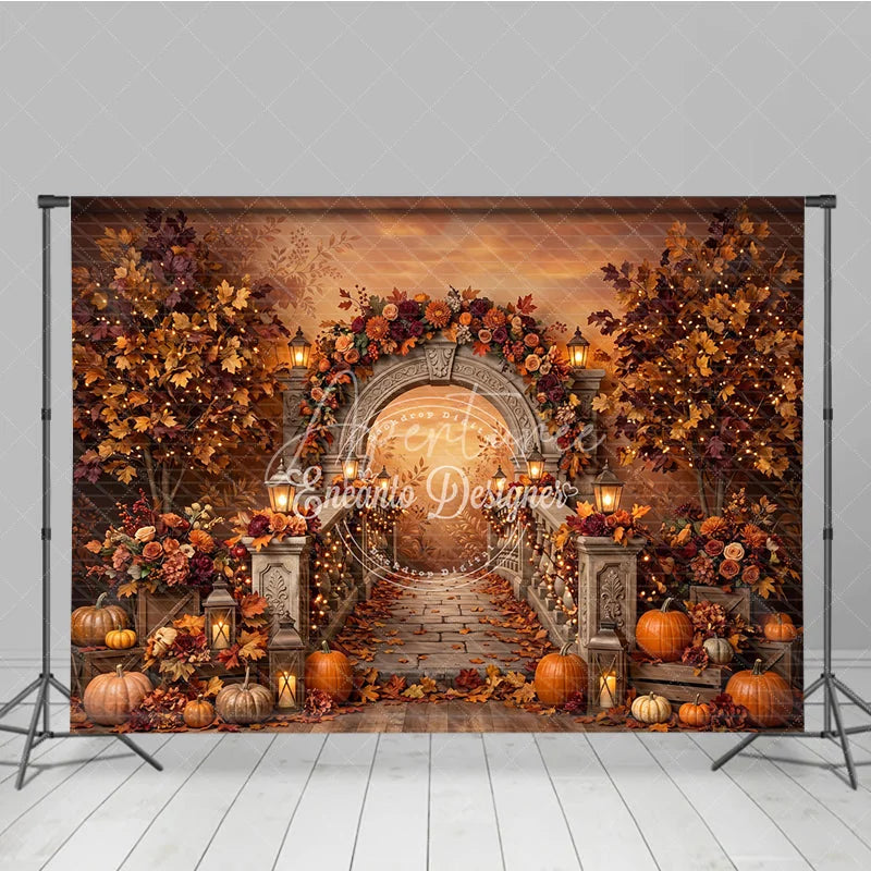 Aperturee - Aperturee Autumn Archway Photography Backdrop with Stone Staircase Fall Foliage Pumpkins and Glowing Lanterns Decor