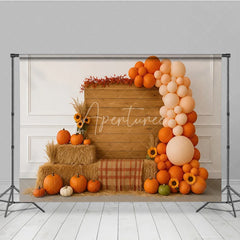 Aperturee - Aperturee Autumn Balloon Arch Photography Backdrop with Wood Wall Rustic Fall Pumpkins and Hay Thanksgiving Photo Booth