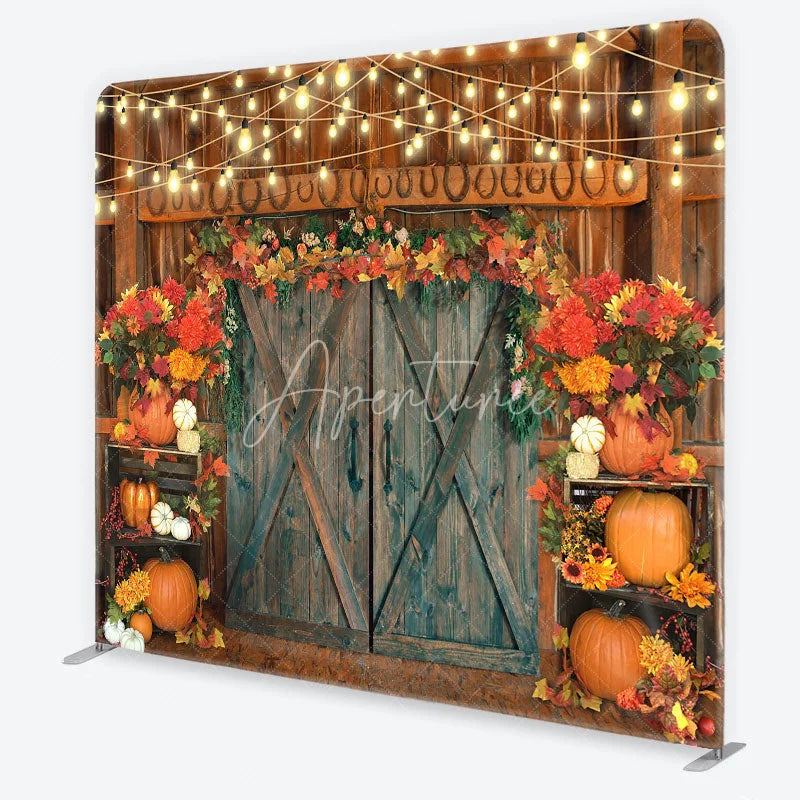 Aperturee - Aperturee Autumn Barn Door Tension Fabric Backdrop Rustic Pumpkin Fall Leaves Background Thanksgiving Harvest Party Decoration
