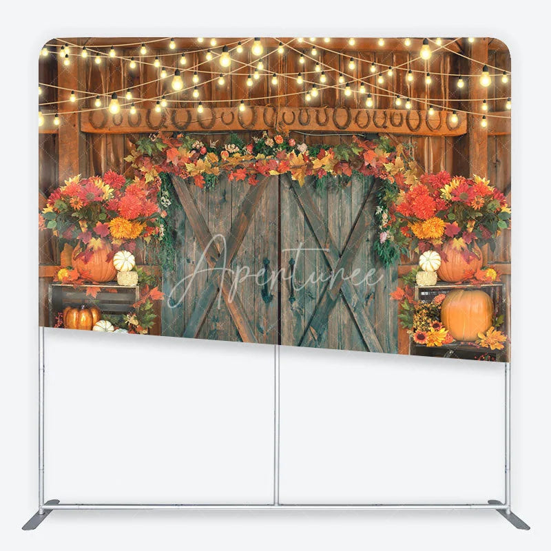 Aperturee - Aperturee Autumn Barn Door Tension Fabric Backdrop Rustic Pumpkin Fall Leaves Background Thanksgiving Harvest Party Decoration