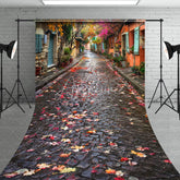 Aperturee - Aperturee Autumn European Cobblestone Alleyway Backdrop Colorful Fall Leaves Town Street Photography Background