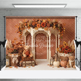 Aperturee - Aperturee Autumn Fall Rustic Gazebo Photography Backdrop with Pumpkins Teddy Bears and Maple Leaves for Seasonal Photoshoot