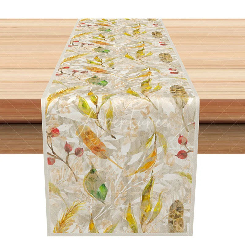 Aperturee - Aperturee Autumn Feather and Berry Table Runner Rustic Fall Leaves Watercolor Thanksgiving Table Decor