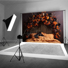 Aperturee Aperturee Autumn Floral Headboard Photography Backdrop Vintage Bed with Orange Flowers Moody Fall Bedroom Photo Prop