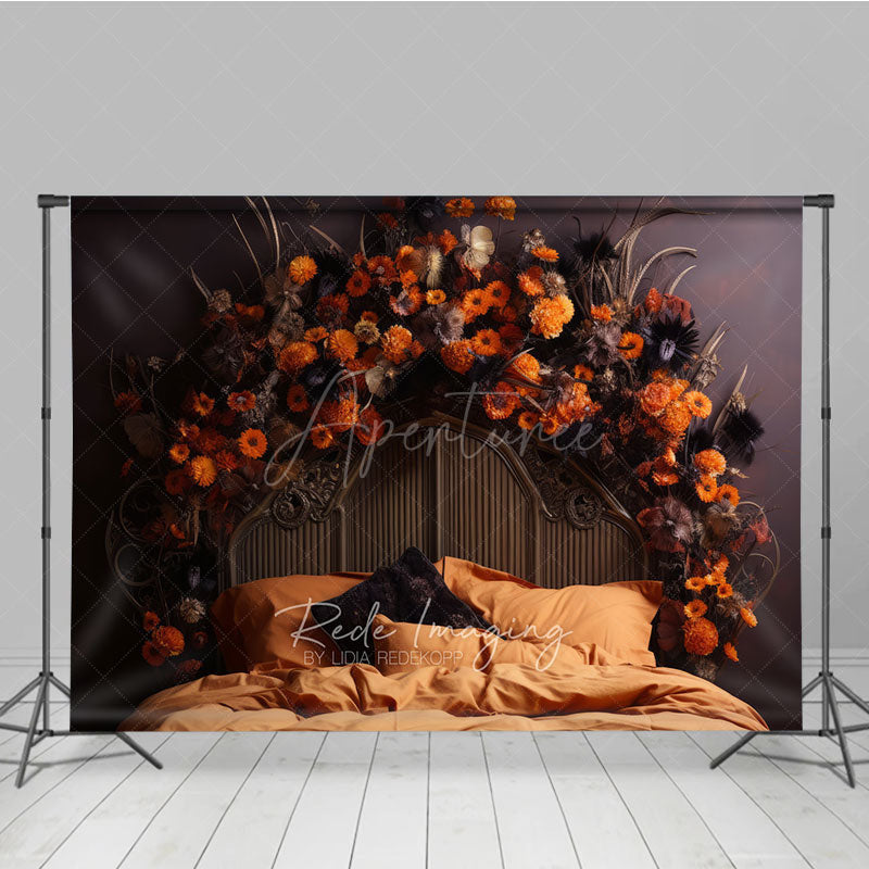 Aperturee Aperturee Autumn Floral Headboard Photography Backdrop Vintage Bed with Orange Flowers Moody Fall Bedroom Photo Prop