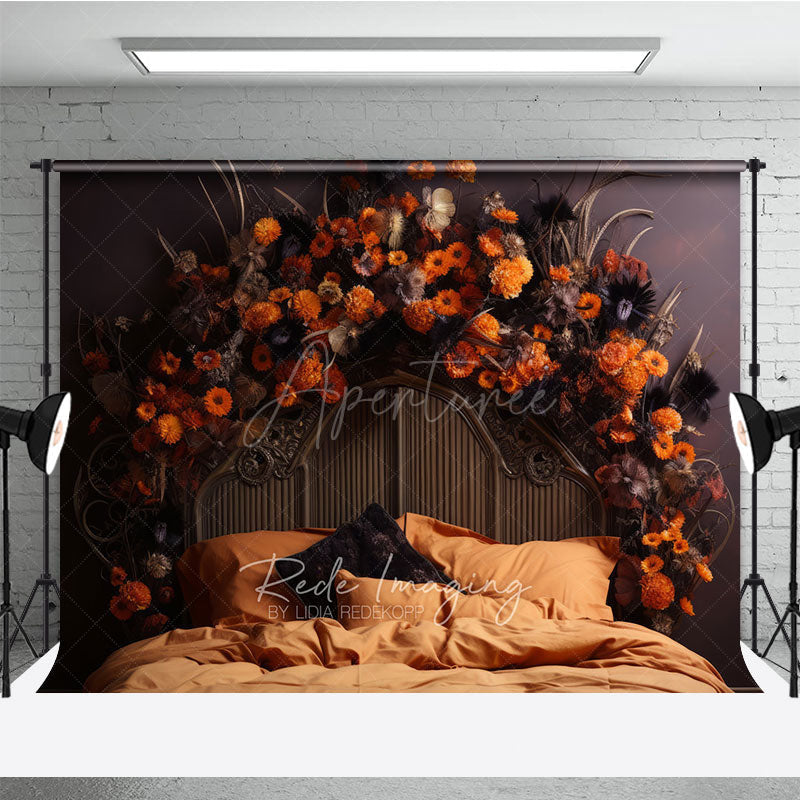 Aperturee Aperturee Autumn Floral Headboard Photography Backdrop Vintage Bed with Orange Flowers Moody Fall Bedroom Photo Prop