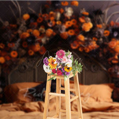 Aperturee Aperturee Autumn Floral Headboard Photography Backdrop Vintage Bed with Orange Flowers Moody Fall Bedroom Photo Prop