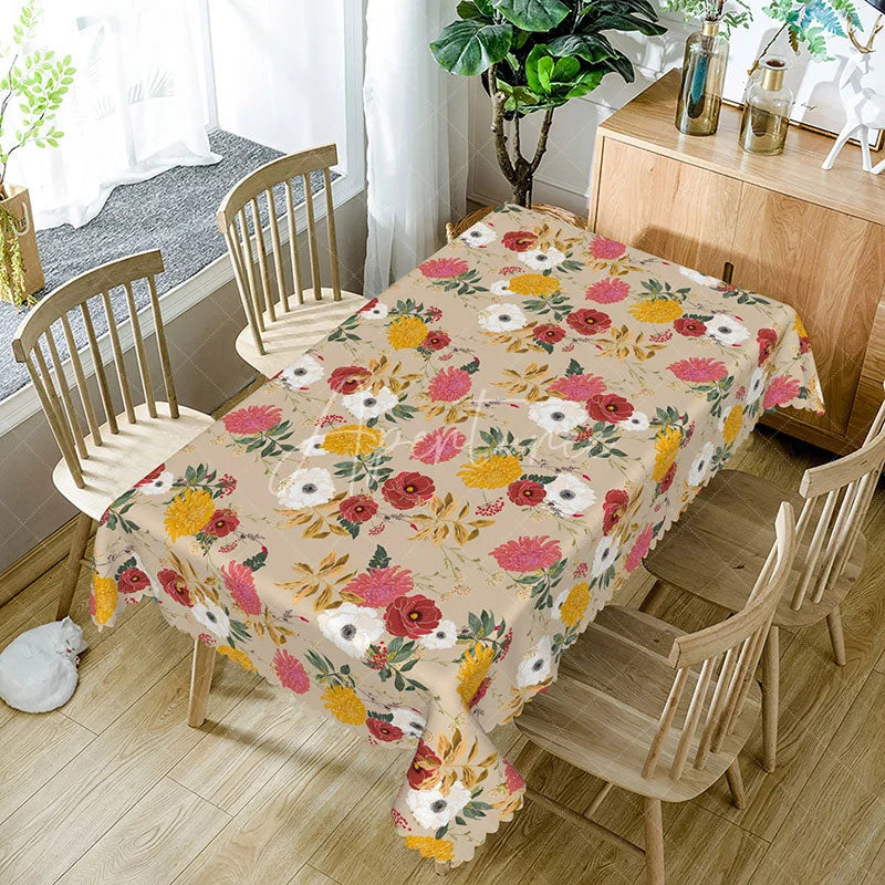 Aperturee - Aperturee Autumn Floral Rectangle Tablecloth Red Yellow and White Flowers Rustic Fall Harvest Dining Table Decor