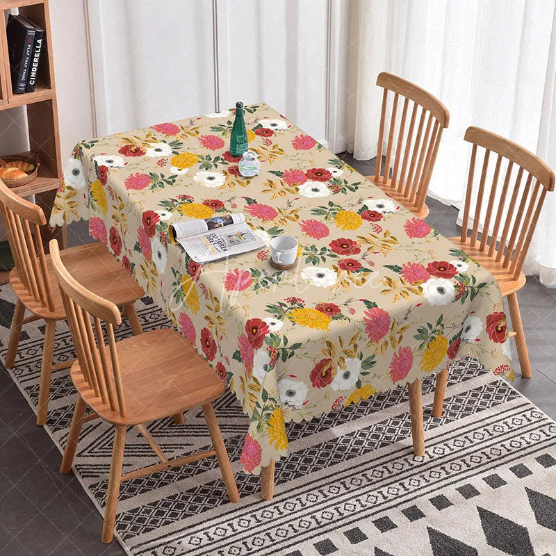 Aperturee - Aperturee Autumn Floral Rectangle Tablecloth Red Yellow and White Flowers Rustic Fall Harvest Dining Table Decor