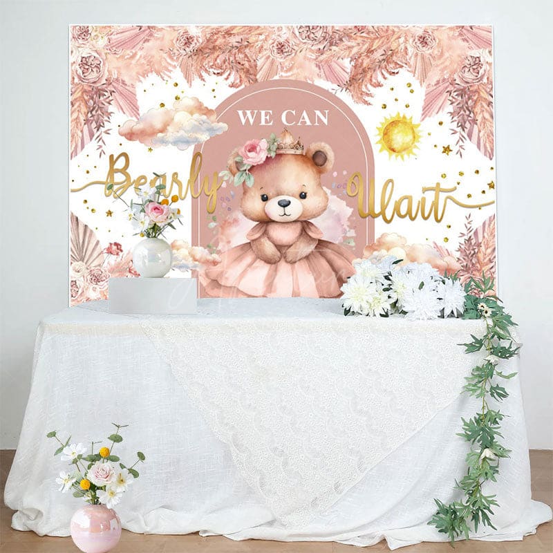 Aperturee - Aperturee Autumn Floral Teddy Bear Girl Baby Shower Backdrop