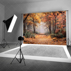 Aperturee - Aperturee Autumn Forest Backdrop Fall Leaves Path Golden Tree Photography Background Nature Landscape Thanksgiving Party