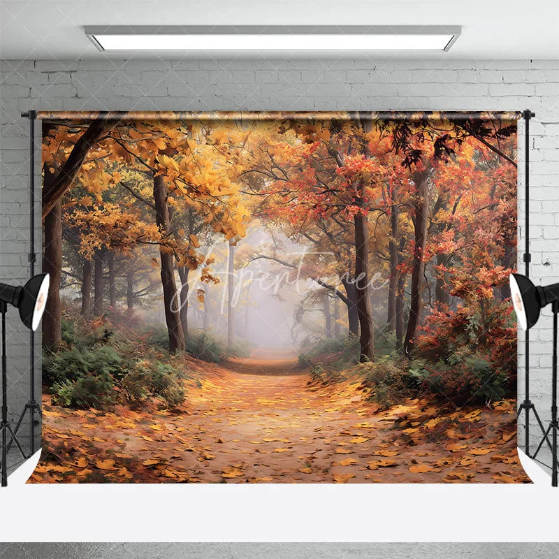 Aperturee - Aperturee Autumn Forest Backdrop Fall Leaves Path Golden Tree Photography Background Nature Landscape Thanksgiving Party