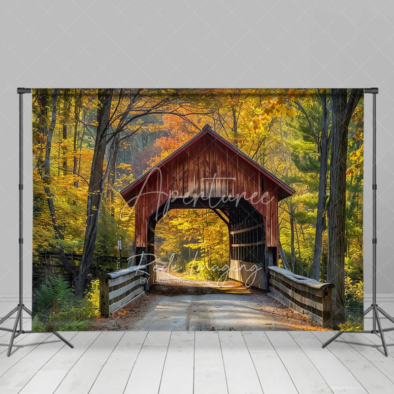 Aperturee - Aperturee Autumn Forest Covered Bridge Backdrop Fall Nature Scenery Maple Leaves Photography Background for Portraits