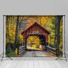 Aperturee - Aperturee Autumn Forest Covered Bridge Backdrop Fall Nature Scenery Maple Leaves Photography Background for Portraits