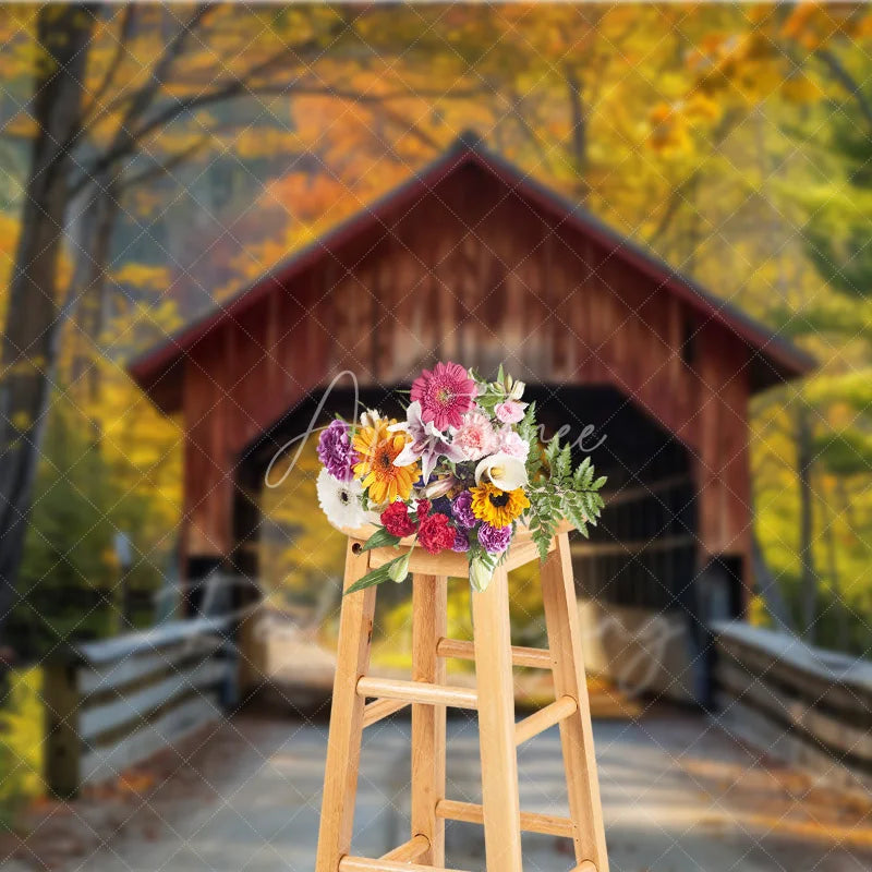 Aperturee - Aperturee Autumn Forest Covered Bridge Backdrop Fall Nature Scenery Maple Leaves Photography Background for Portraits