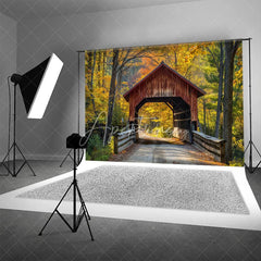 Aperturee - Aperturee Autumn Forest Covered Bridge Backdrop Fall Nature Scenery Maple Leaves Photography Background for Portraits
