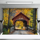 Aperturee - Aperturee Autumn Forest Covered Bridge Backdrop Fall Nature Scenery Maple Leaves Photography Background for Portraits