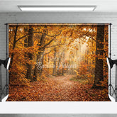Aperturee - Aperturee Autumn Forest Path Photography Backdrop with Golden Sunlight and Falling Leaves Natural Scenery