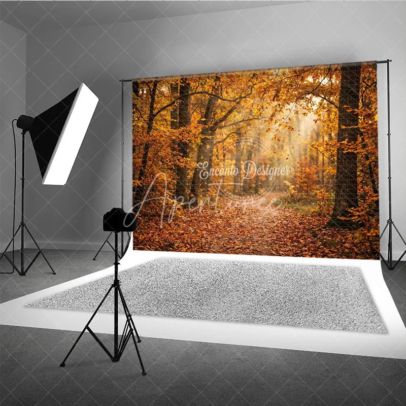 Aperturee - Aperturee Autumn Forest Path Photography Backdrop with Golden Sunlight and Falling Leaves Natural Scenery