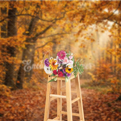 Aperturee - Aperturee Autumn Forest Path Photography Backdrop with Golden Sunlight and Falling Leaves Natural Scenery