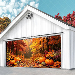 Aperturee - Aperturee Autumn Forest Path with Pumpkins and Fall Leaves Garage Door Banner Thanksgiving Halloween Decor.