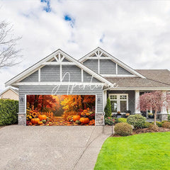 Aperturee - Aperturee Autumn Forest Path with Pumpkins and Fall Leaves Garage Door Banner Thanksgiving Halloween Decor.
