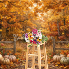Aperturee - Aperturee Autumn Forest Photography Backdrop with Golden Fall Leaves Rustic Fence and Pumpkins for Seasonal Photoshoot