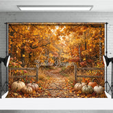 Aperturee - Aperturee Autumn Forest Photography Backdrop with Golden Fall Leaves Rustic Fence and Pumpkins for Seasonal Photoshoot