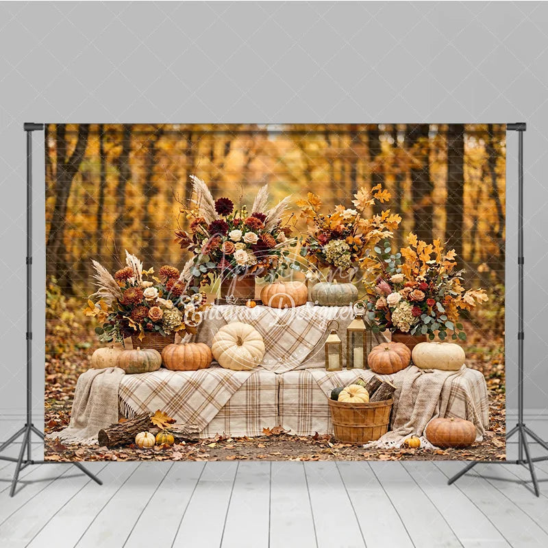 Aperturee - Aperturee Autumn Forest Photography Backdrop with Pumpkins Fall Floral Arrangements and Plaid Blanket Decor
