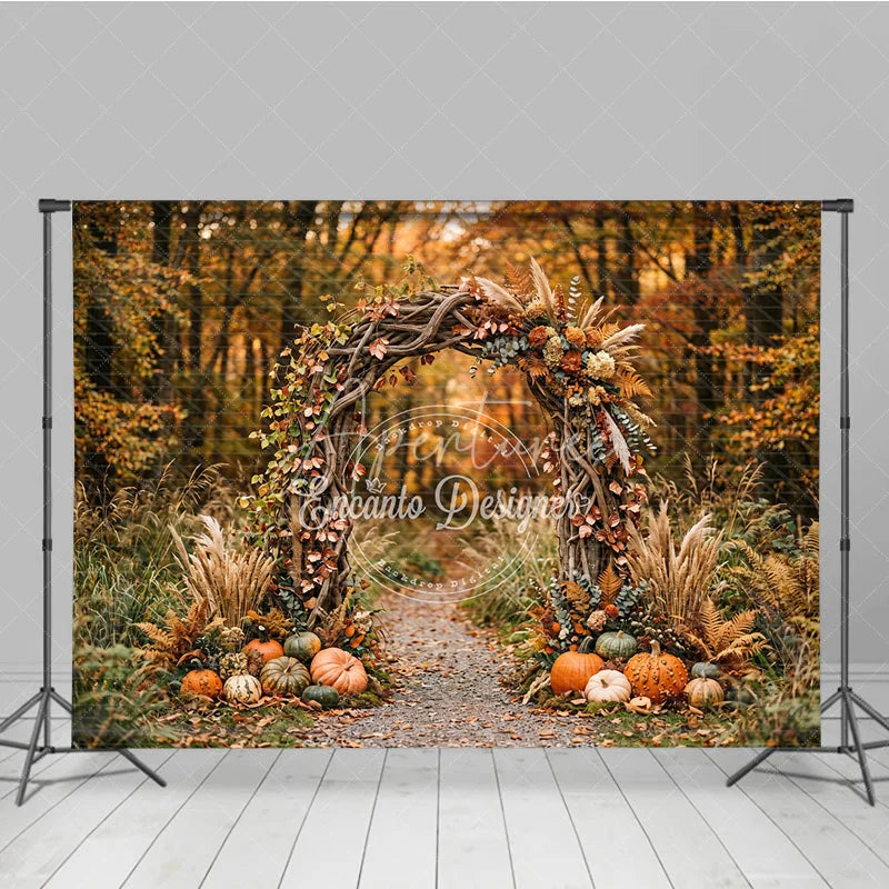 Aperturee - Aperturee Autumn Forest Photography Backdrop with Rustic Wooden Arch Fall Leaves Pumpkins and Pampas Grass Decor