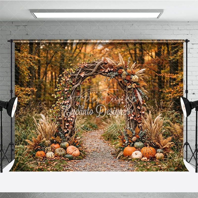 Aperturee - Aperturee Autumn Forest Photography Backdrop with Rustic Wooden Arch Fall Leaves Pumpkins and Pampas Grass Decor