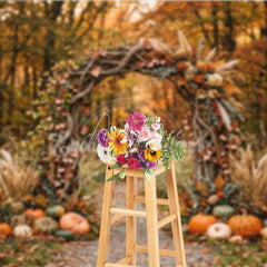 Aperturee - Aperturee Autumn Forest Photography Backdrop with Rustic Wooden Arch Fall Leaves Pumpkins and Pampas Grass Decor
