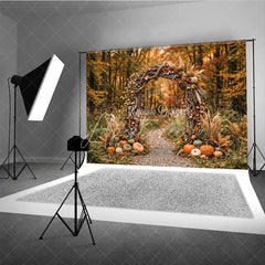Aperturee - Aperturee Autumn Forest Photography Backdrop with Rustic Wooden Arch Fall Leaves Pumpkins and Pampas Grass Decor