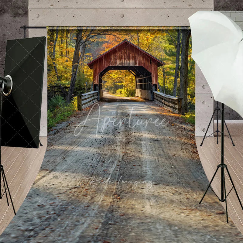 Aperturee - Aperturee Autumn Forest Road and Covered Bridge Backdrop Fall Nature Landscape Photography Background with Floor Extension