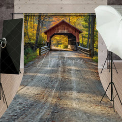 Aperturee - Aperturee Autumn Forest Road and Covered Bridge Backdrop Fall Nature Landscape Photography Background with Floor Extension