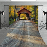 Aperturee - Aperturee Autumn Forest Road and Covered Bridge Backdrop Fall Nature Landscape Photography Background with Floor Extension