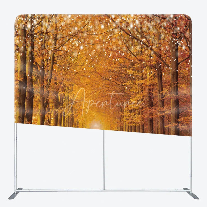 Aperturee - Aperturee Autumn Forest Tension Fabric Backdrop Fall Leaf String Light Decoration Orange Woods Path Background