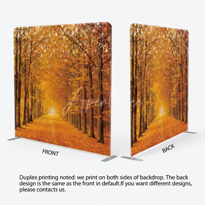 Aperturee - Aperturee Autumn Forest Tension Fabric Backdrop Fall Leaf String Light Decoration Orange Woods Path Background