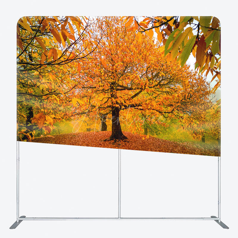 Aperturee - Aperturee Autumn Forest Tension Fabric Backdrop Orange and Yellow Fall Tree Scenery Thanksgiving or Wedding Photography