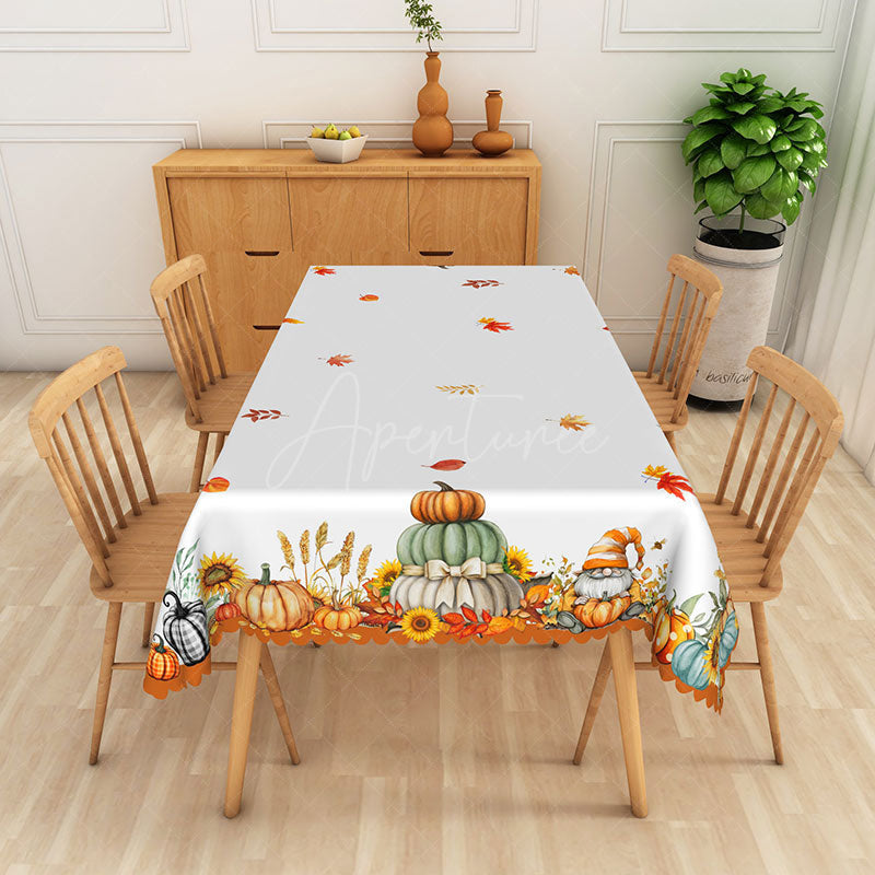 Aperturee - Aperturee Autumn Gnome Tablecloth with Pumpkins and Fall Leaves for Rustic Thanksgiving and Harvest Decor
