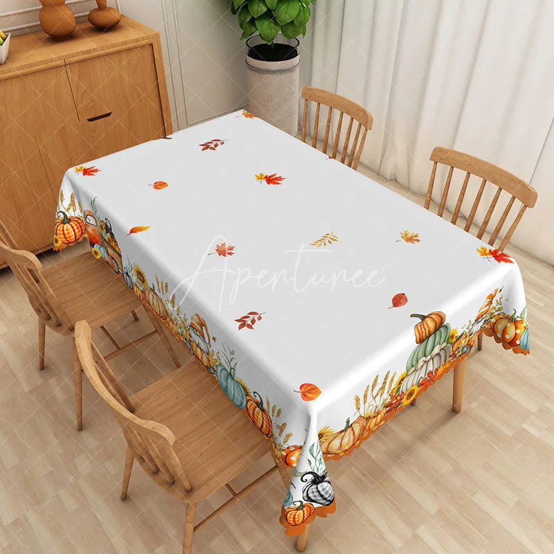 Aperturee - Aperturee Autumn Gnome Tablecloth with Pumpkins and Fall Leaves for Rustic Thanksgiving and Harvest Decor