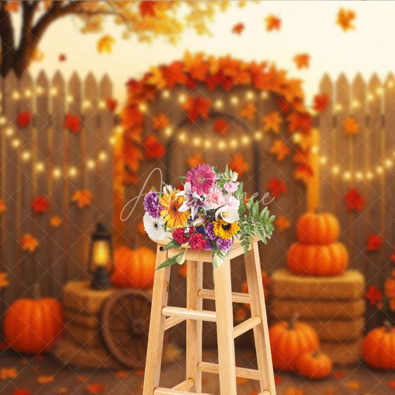 Aperturee - Aperturee Autumn Harvest Backdrop Rustic Wooden Fence Pumpkin Hay Background Thanksgiving Maple Leaves Party Decoration