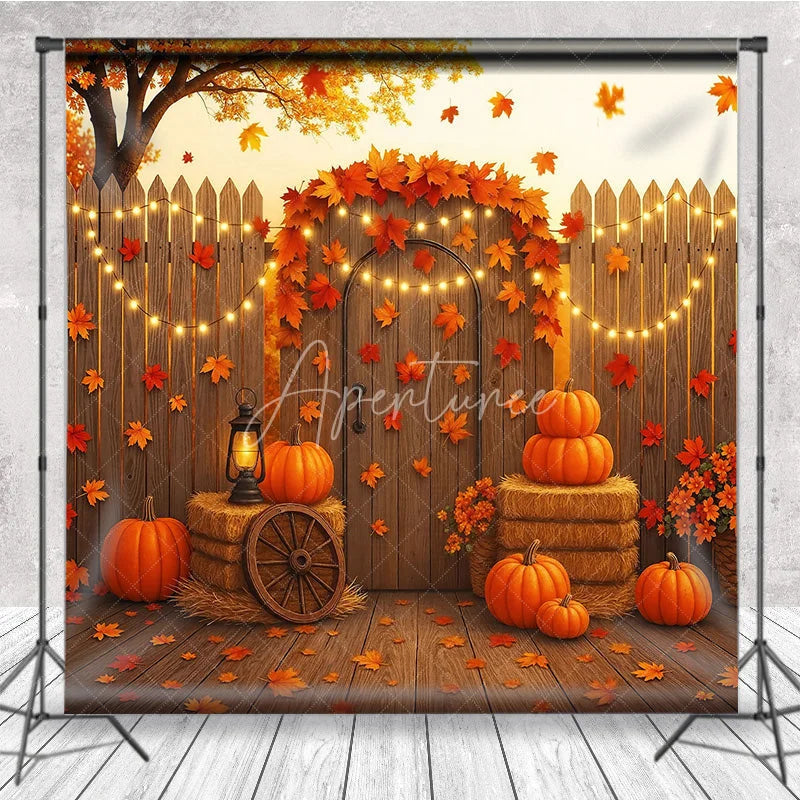 Aperturee - Aperturee Autumn Harvest Backdrop Rustic Wooden Fence Pumpkin Hay Background Thanksgiving Maple Leaves Party Decoration