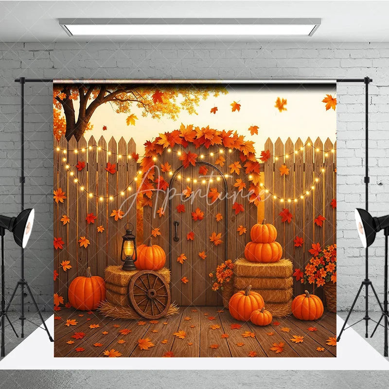 Aperturee - Aperturee Autumn Harvest Backdrop Rustic Wooden Fence Pumpkin Hay Background Thanksgiving Maple Leaves Party Decoration