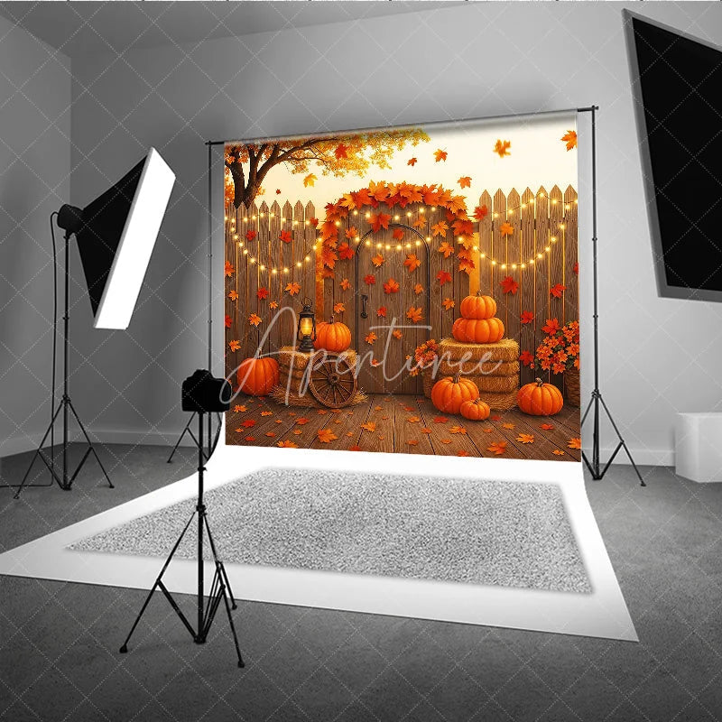 Aperturee - Aperturee Autumn Harvest Backdrop Rustic Wooden Fence Pumpkin Hay Background Thanksgiving Maple Leaves Party Decoration